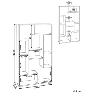 Dessin technique de la bibliothèque Beliani Alma, 122 cm de haut, 9 compartiments. Indique dimensions et charges (max 10 kg haut, 7 kg par étagère).