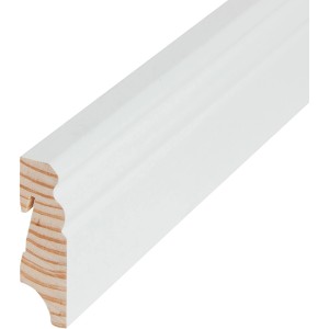 Plinthe en bois massif blanc, 58x18x2400 mm, pour une finition harmonieuse.