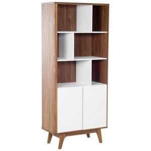 Bibliothèque moderne Beliani Columbus en MDF marron avec compartiments et portes blanches, 3 niveaux, rangement polyvalent.