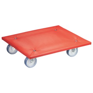 Wagner aide au transport avec plateau de chargement rouge rembourré et quatre roues. Capacité de charge 400 kg.