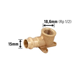 Raccordo a pressare a parete in bronzo rosso, 15 mm x 18,6 mm (Rp 1/2), per tubi in rame e installazione acqua potabile.