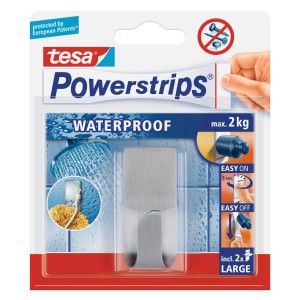 Tesa Waterproof crochet adhésif en acier inoxydable avec Powerstrips pour salle de bain et cuisine, jusqu'à 2 kg.
