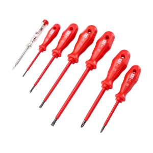 Jeu de 7 tournevis LUX VDE avec manches rouges et testeur de tension.