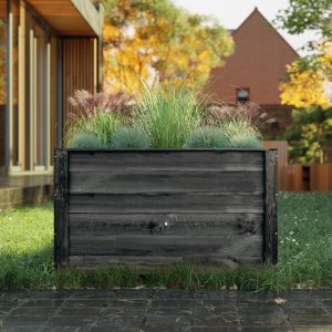 Carré potager surélevé en pin anthracite (150x76x79cm) avec des plantes dans le jardin.