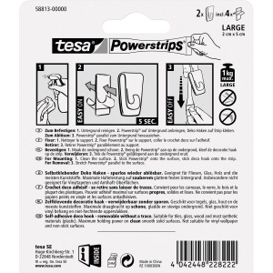 Tesa Powerstrips crochets déco transparents, 2 pièces avec 4 languettes, supporte jusqu'à 1 kg.