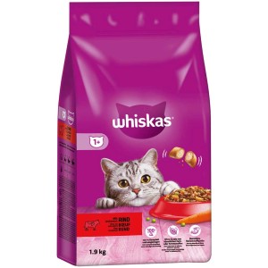 Whiskas Katzen-Trockenfutter 1+ Rind, 1,9kg Packung mit Katze und Futter.