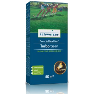 Power Turf Royal Coat Turborasen : Semences enrobées pour une croissance rapide et une pelouse résistante.