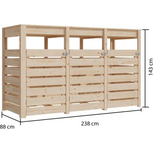 Karibu Cache-conteneurs triple avec jardinière surélevée, bois naturel, dimensions : 143x238x88cm