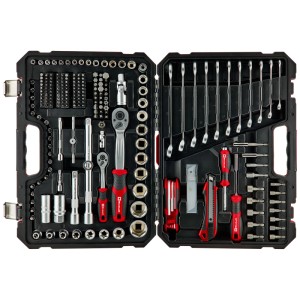 Mallette à outils Einhell ouverte, 233 pièces. Jeu d'outils avec clés, embouts, cliquets et couteaux dans une mallette noire.
