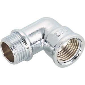 Coude fileté en laiton chromé 18,6/21 mm pour installation de tuyaux d'eau potable et de chauffage.