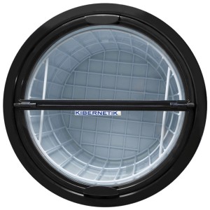 Kibernetik Party-Cooler KS40M Standkühlschrank, Aufsicht auf transparenten Klappdeckel, schwarzen Rahmen und Gitterkorb.