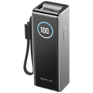 Ecoflow Powerbank Rapid USB-C 170W, grise, avec indicateur de charge et câble rétractable.
