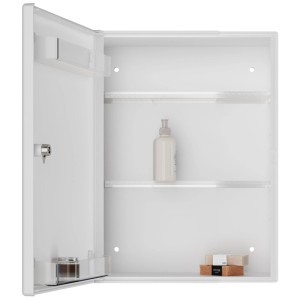 Armoire à pharmacie Jokey blanche ouverte avec étagères de porte et étagères réglables.