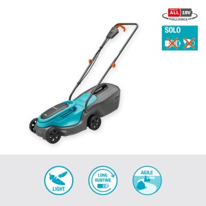 Gardena PowerMax 30/18V tagliaerba a batteria, blu-grigio. Tosaerba compatto senza batteria.