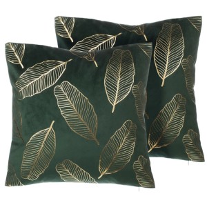 Lot de 2 coussins décoratifs Freesia vert foncé avec motif de feuilles dorées, 45x45cm.