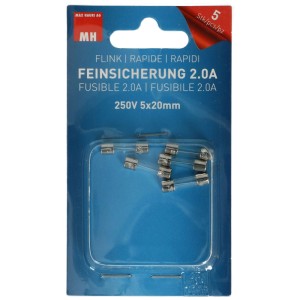 Fusibili rapidi 250V/2A, 5 pezzi in blister.