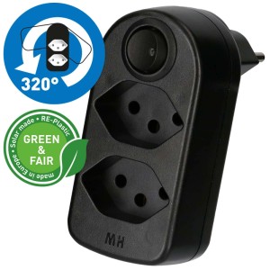 Adaptateur noir Max Hauri avec interrupteur, rotatif, 2 prises T13, en RE-Plastic.
