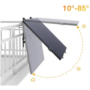 EcoFlow Solar-Tracker ad asse singolo per montaggio su balcone, regolabile da 10° a 85° per esposizione solare ottimale.