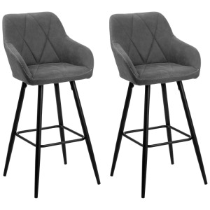 Lot de 2 tabourets de bar Darien, tissu gris, structure en métal noir avec accoudoirs et dossier.