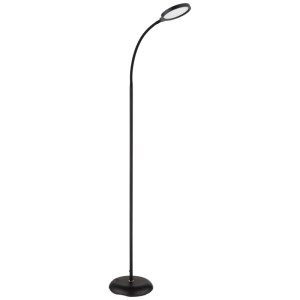 Lampada da terra LED Globo Kalderon nera opaca. Braccio flessibile a collo d'oca, testa rotonda e base stabile. Dimmerabile.