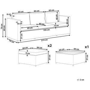 Schizzo del salotto angolare Beliani Sabbia in polyrattan grigio chiaro, 2 pezzi, con dimensioni.