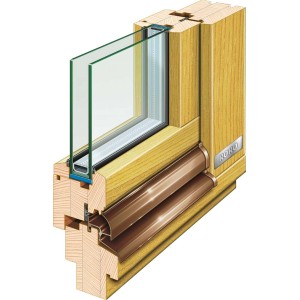 Fenêtre en bois (48x63 cm) DIN gauche, vue détaillée du profilé avec verre isolant.