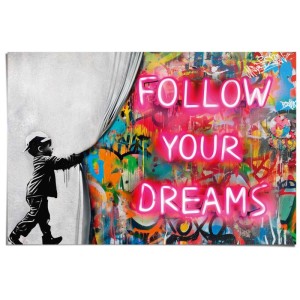 Maxiposter Curtain Boy (61x91,5 cm): Junge zieht Vorhang vor Graffiti mit Neon-Schriftzug "Follow Your Dreams".