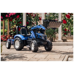 Trattore Falk New Holland XL con rimorchio e caricatore frontale per bambini.