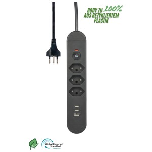 Multiprise noire Schönenberger avec 3 prises T13, ports USB et câble de 1,8 m.