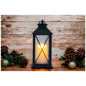 Schwarze LED-Laterne mit LED-Kerze und Timer, 32x14x14 cm, für stimmungsvolle Beleuchtung.