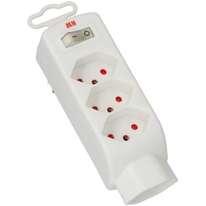 Bloc multiprise Safety-Line blanc avec 4 prises type 13, sécurité enfant et interrupteur.