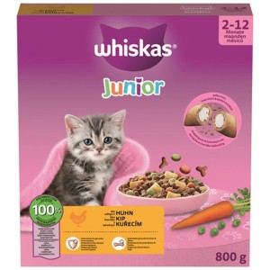 Whiskas Junior Katzen-Trockenfutter Huhn 800g Packung mit Kätzchen, Futterschale, Karotte & Erbsen. Für 2-12 Monate.