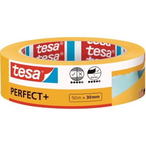 Rouleau de ruban de masquage tesa® Perfect+ 50m x 30mm, ruban adhésif jaune pour des bords de peinture nets.
