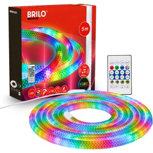 Brilo LED-Gewebeschlauch RGBIC 5m, leuchtend in Regenbogenfarben, mit Fernbedienung und Verpackung.