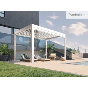 Pergola Biohort moderna 5 m x 3 m in bianco-argento come copertura per patio.