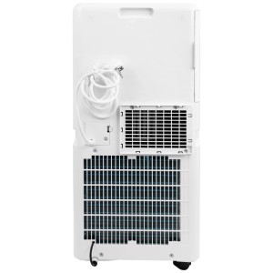 Vue arrière du climatiseur mobile blanc Emerio PAC-127111.1 9000 BTU/h, détails des grilles de ventilation et du câble.