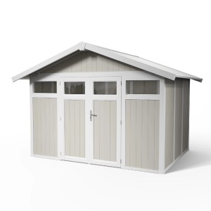 Abri de jardin en plastique Grosfillex Utility7,5 gris-vert, 7,5 m² avec double porte et toit à deux pentes.