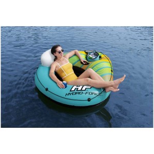 Ciambella Bestway Hydro-Force: Donna si rilassa con bevanda nella water lounge con frigo.