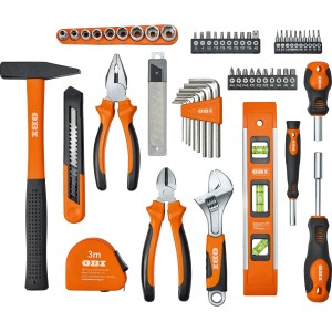 Boîte à outils OBI, 62 pièces, avec marteau, pinces, tournevis et niveau à bulle.