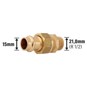 Raccordo a pressare in bronzo rosso, 15 mm x 21 mm (R 1/2), per tubi in rame.