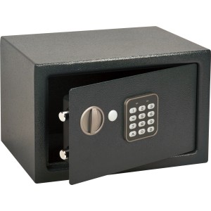 Cassaforte elettronica per mobili grigio scuro con porta aperta e serratura a combinazione.