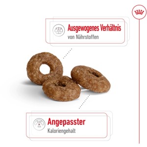 Royal Canin Mini Ageing 12+ cibo secco per cani: Tre crocchette ad anello con indicazioni su nutrienti bilanciati e calorie adattate.