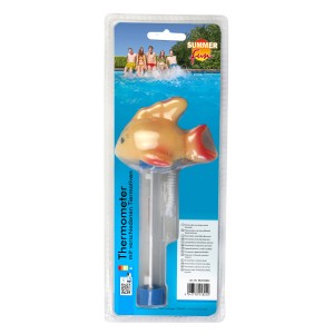 Thermomètre de piscine Summer Fun avec motif poisson et cordon de fixation sous blister.