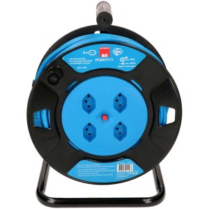 Enrouleur de câble bleu avec 4 prises, câble de 50 m et cadre en métal noir.
