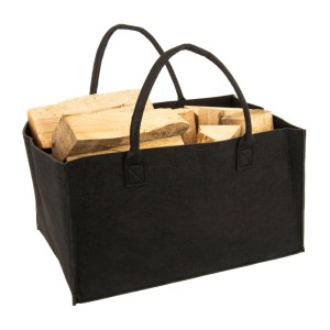Sac en feutre Valo noir pliable (50x34x27 cm) rempli de bois, accessoire pour cheminées et poêles.