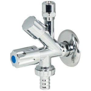 Robinet d'équerre chromé R 1/2 avec deux poignées pour lave-linge ou lave-vaisselle.