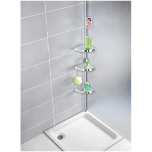 Étagère d'angle télescopique Wenko Premium, brillante, avec trois étagères et miroir dans la douche.