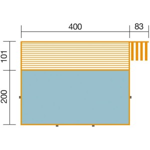 Vue de dessus de la piscine en bois massif Weka 595 Sable taille 1 avec dimensions. Piscine en bois avec terrasse et liner de piscine.