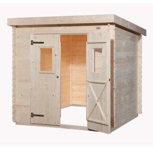 Casetta da giardino in legno OBI Cortina, 200x200 cm, con doppia porta e tetto a una falda. Casetta in legno di conifera.