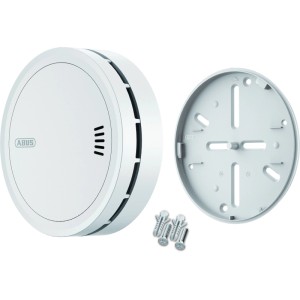 Détecteur de fumée Abus Prefira 10 SA1100 blanc, rond, avec plaque de montage, vis et chevilles pour la protection incendie.